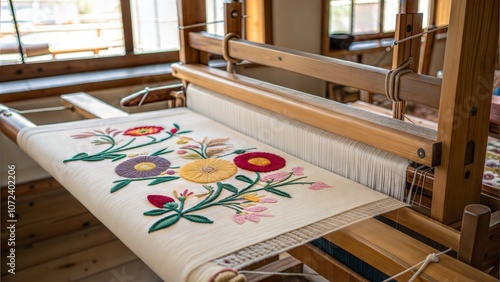 Floral embroidery on Japanese loom in traditional weaving studio