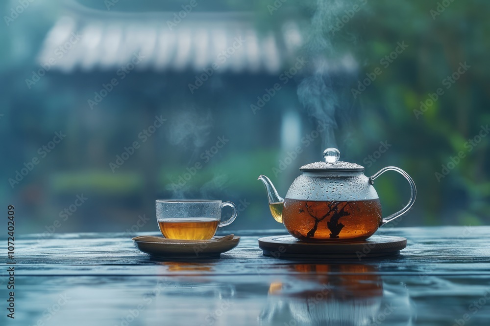 A Glass Teapot and Cup of Tea Steaming on a Wooden Table A Glass Teapot and Cup of Tea Steaming on a Wooden Table
