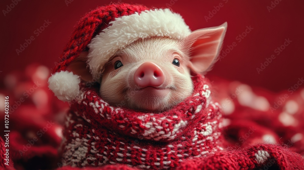 Piglet in Festive Cheer: A tiny piglet, dressed in a Santa hat and cozy scarf, stares playfully at the camera, radiating holiday spirit and cuteness. Perfect for Christmas cards, calendars. Piglet in Festive Cheer: A tiny piglet, dressed in a Santa hat and cozy scarf, stares playfully at the camera, radiating holiday spirit and cuteness. Perfect for Christmas cards, calendars.