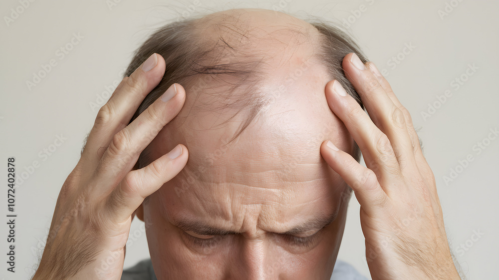 Fototapeta premium A middle-aged man shows signs of stress and concern while holding his head with thinning hair against a plain background