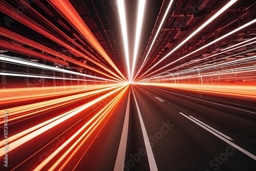 Orange Radiating Light Corridor: Futuristic Highway of Dynamic Neon Ray Trails and Intense Glow