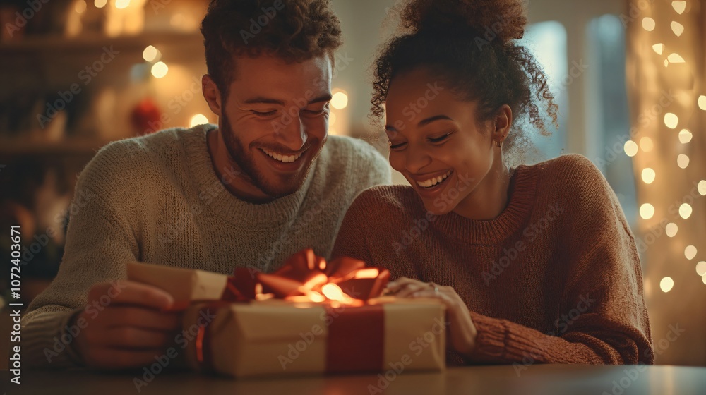 A young couple wrapping gifts together, laughing as they try to tie perfect bows, evokes the fun and excitement of holiday preparation. Concept of holiday spirit. A young couple wrapping gifts together, laughing as they try to tie perfect bows, evokes the fun and excitement of holiday preparation. Concept of holiday spirit.
