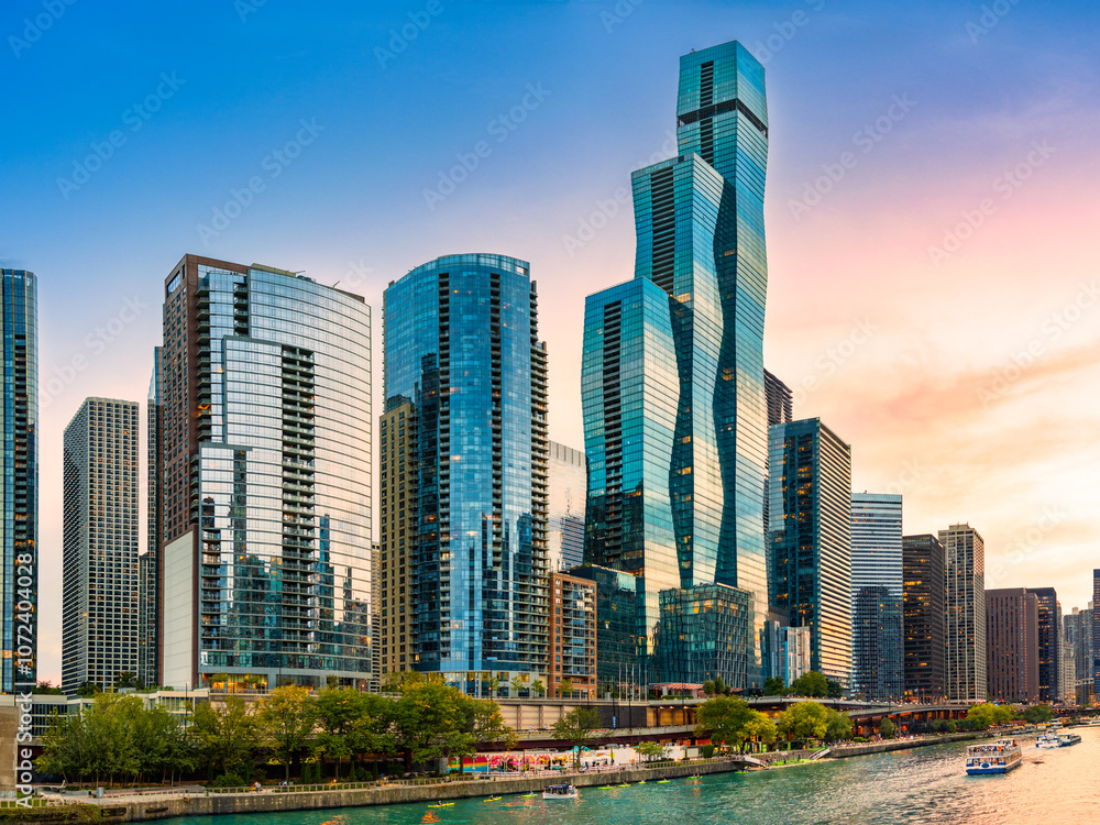 Chicago, Illinois skyline at sunset. Chicago is the most populous city in the U.S. state of Illinois and in the Midwestern United States.