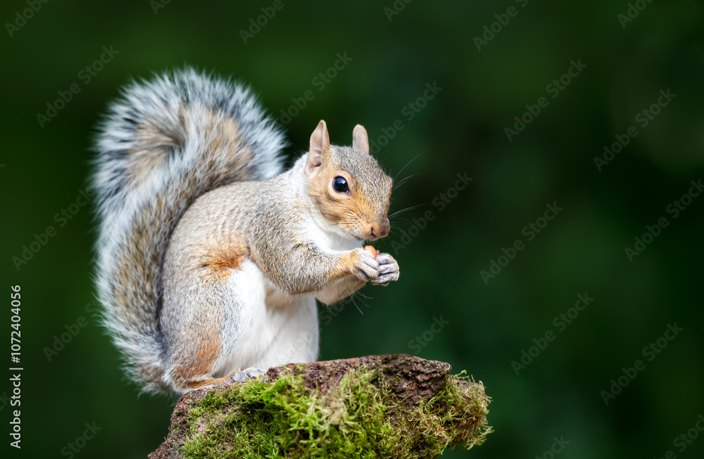 Portrait of a grey squirrel eating nuts on a mossy tree stump in autumn Portrait of a grey squirrel eating nuts on a mossy tree stump in autumn