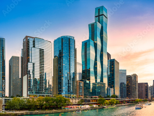 Obraz na płótnie Chicago, Illinois skyline at sunset. Chicago is the most populous city in the U.S. state of Illinois and in the Midwestern United States. w salonie