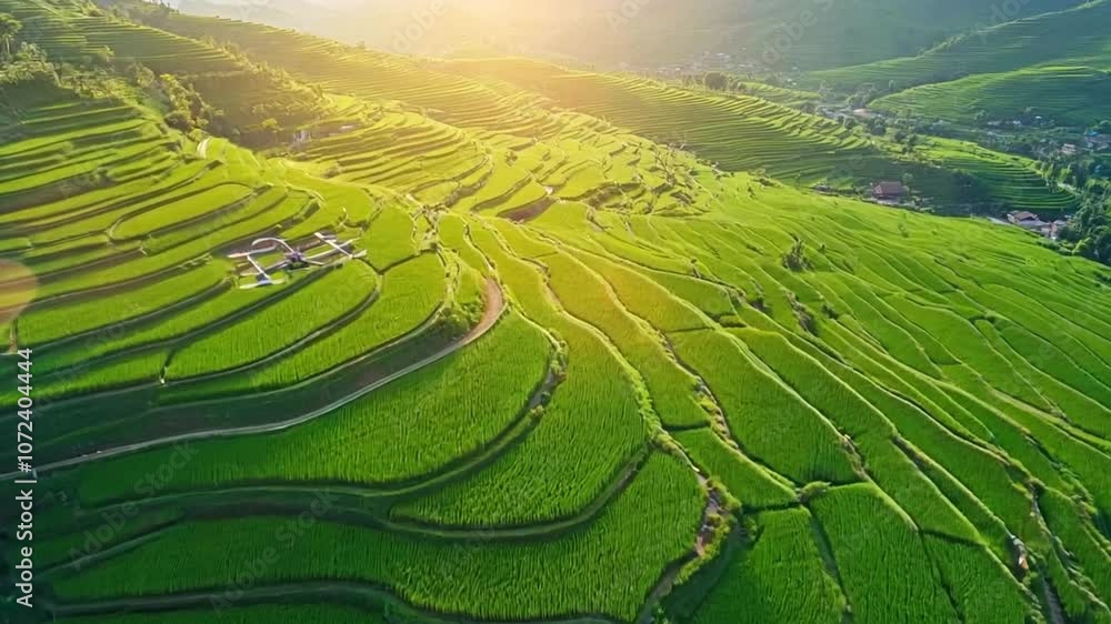 N Scale Rice Field An aerial view of a rice plantation during the harvest season, showing ...