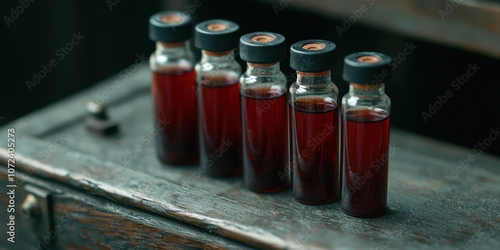 Five glass vials filled with a deep red liquid are lined up on a wooden surface, creating a mysterious and intriguing atmosphere. Five glass vials filled with a deep red liquid are lined up on a wooden surface, creating a mysterious and intriguing atmosphere.