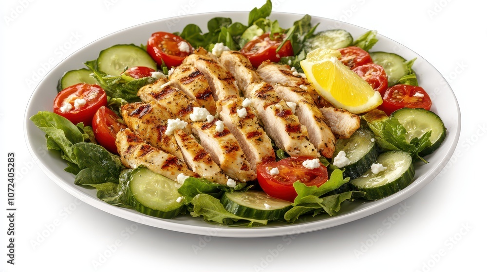 Grilled Chicken Salad on White Plate: Fresh Mixed Greens, Tomatoes, and Cucumbers with Lemon Wedge and Feta. Clean Composition and Studio Lighting. Commercial Photography. Grilled Chicken Salad on White Plate: Fresh Mixed Greens, Tomatoes, and Cucumbers with Lemon Wedge and Feta. Clean Composition and Studio Lighting. Commercial Photography.