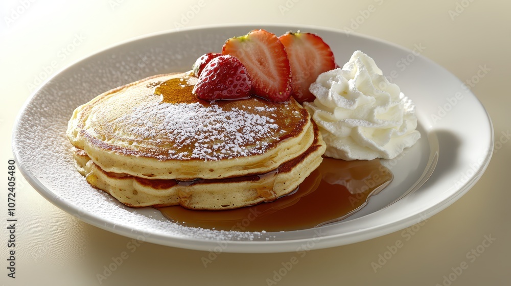 Plate of Pancakes with Maple Syrup and Fresh Fruit: Clean Commercial Composition, 45-Degree Angle View, Powdered Sugar and Whipped Cream Props, Soft Natural Lighting. Plate of Pancakes with Maple Syrup and Fresh Fruit: Clean Commercial Composition, 45-Degree Angle View, Powdered Sugar and Whipped Cream Props, Soft Natural Lighting.
