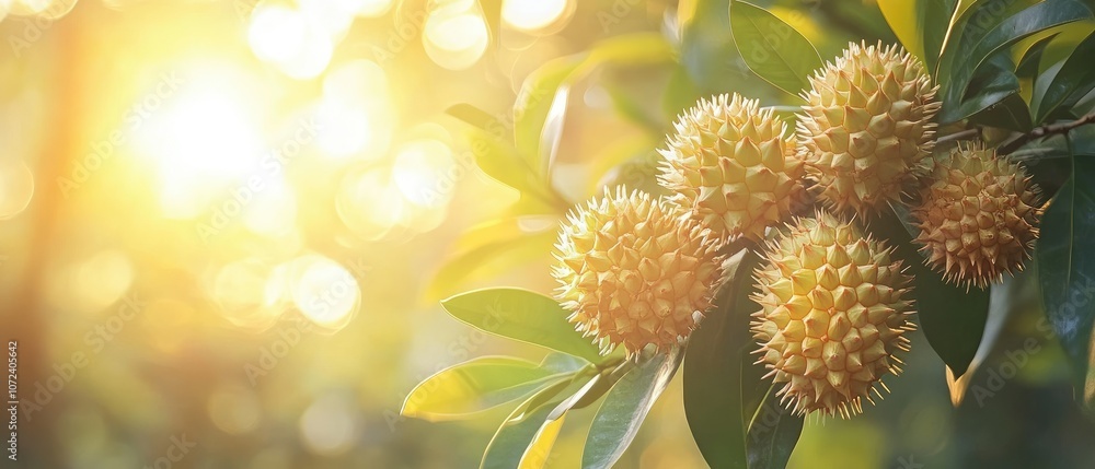 Close-up of spiky, yellow fruit on a branch with a blurry background of sunbeams. Close-up of spiky, yellow fruit on a branch with a blurry background of sunbeams.