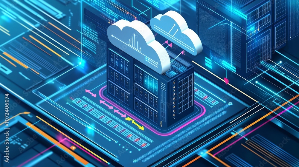 Fototapeta premium Network Engineer Cloud Server VM Simplified cloud server hosting VM with arrows showing data flow, no face, no body, flat design illustration