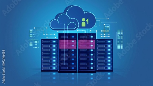 Network Engineer Cloud Server VM Cloud platform hosting multiple VMs, automated processing, no face, no body, flat design illustration