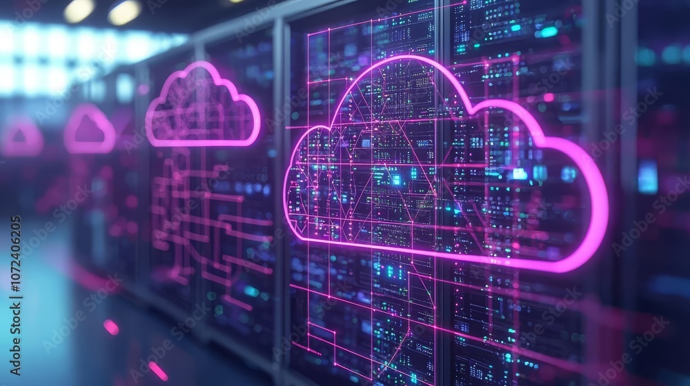 Network Engineer Cloud Server VM Cloud data infrastructure with linked VM instances glowing, tech integration, 3D illustration Network Engineer Cloud Server VM Cloud data infrastructure with linked VM instances glowing, tech integration, 3D illustration