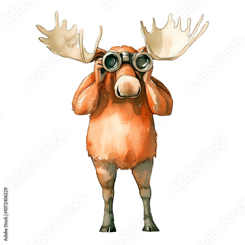 Watercolor illustration of a moose holding binoculars on a transparent background. Perfect for wildlife designs, adventure themes, forest illustrations, and humorous nature projects. photo