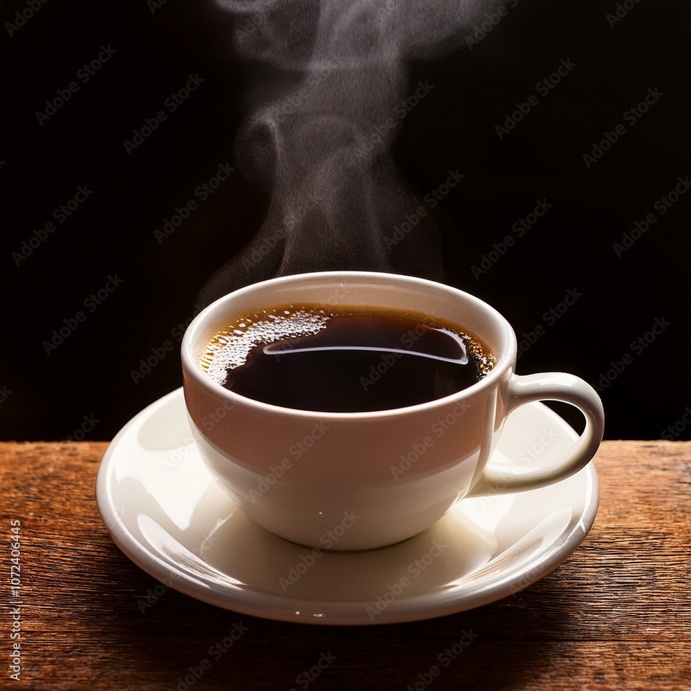 A close-up of a steaming cup of black coffee on top; high quality photo A close-up of a steaming cup of black coffee on top; high quality photo
