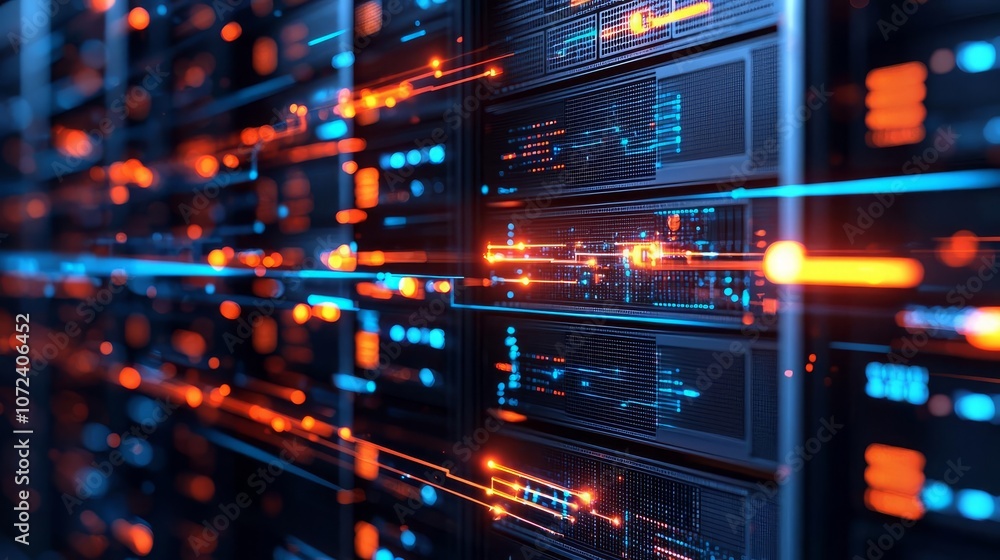 Network Engineer Cloud Server VM Cloud server with virtual machine VM icons, data flow, no face, no body, flat design illustration Network Engineer Cloud Server VM Cloud server with virtual machine VM icons, data flow, no face, no body, flat design illustration