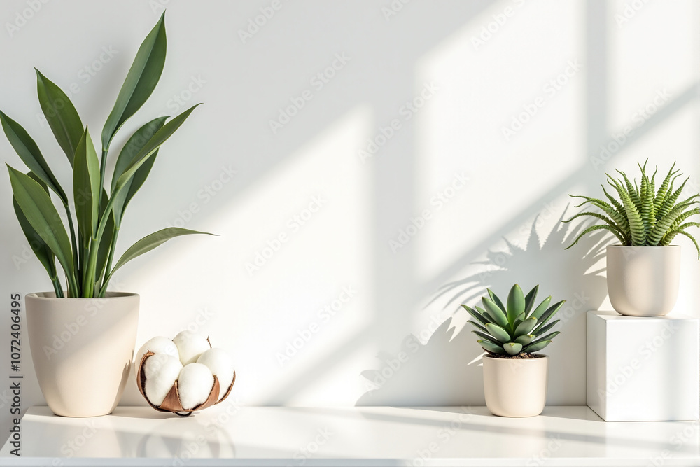 Clean white desk with plants and organic cotton accessories Clean white desk with plants and organic cotton accessories
