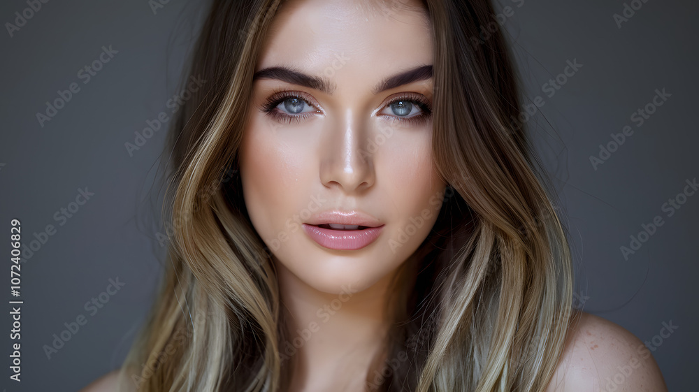 Natural portrait of a young woman with long hair and striking blue eyes, taken indoors in soft lighting Natural portrait of a young woman with long hair and striking blue eyes, taken indoors in soft lighting