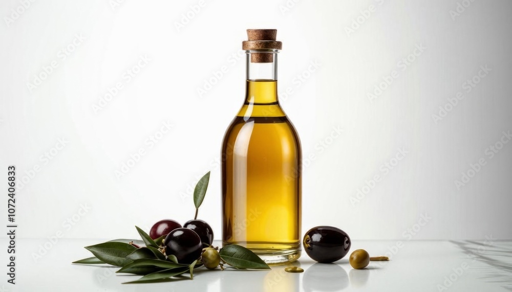 A bottle of olive oil and olives against a white background. AI generated.
A bottle of olive oil and olives against a white background. AI generated.