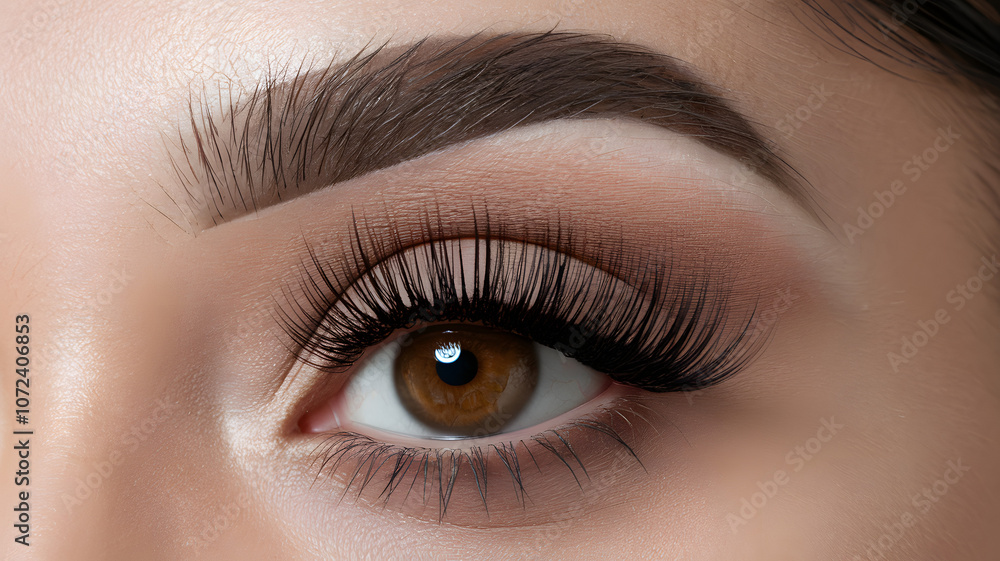 Obraz premium Close-up view of a perfectly groomed eye with long eyelashes and well-defined eyebrows showcasing makeup artistry