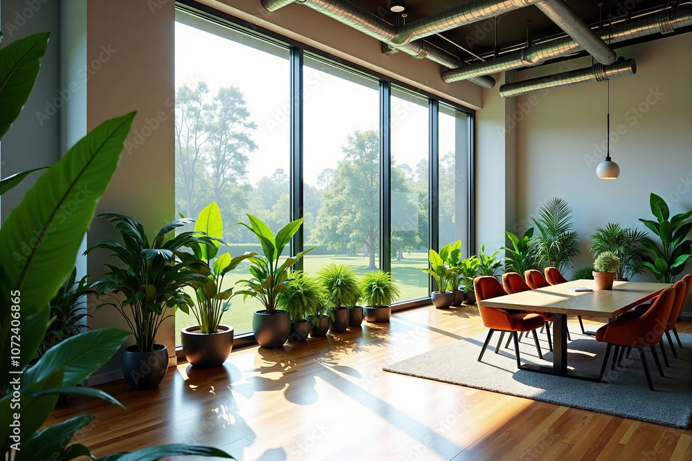 Fototapeta premium Open space office with large windows and greenery enhancing eco vibes