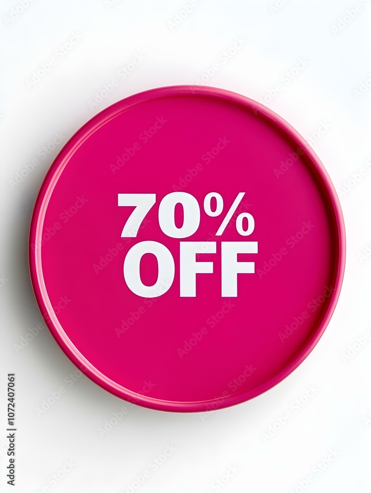 White '70% OFF' Text on a Fuchsia Round Paper Note. White Background White '70% OFF' Text on a Fuchsia Round Paper Note. White Background