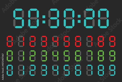 electronic digits numbers font from a clock and a countdown timer. Watch and calculator display symbols. Led digit set.