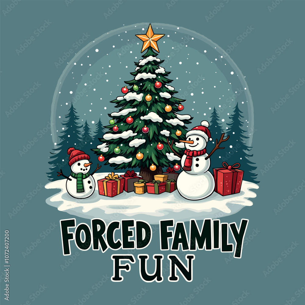 Naklejka premium Forced Family Fun Christmas T-Shirt Design – Sarcastic Holiday Humor with Tree, Snowman & Present