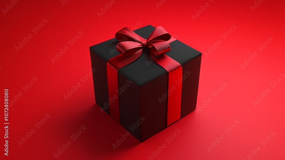 Obraz premium 3d rendered black giftbox with ribbon against red background