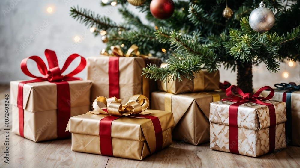 Árbol navideño imponente con obsequios alrededor Árbol navideño imponente con obsequios alrededor