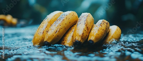 Closeup of a bunch of ripe bananas laying in a stream of water. photo