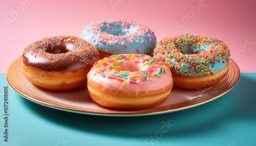 Donuts with colorful toppings, isolated on a Pastel