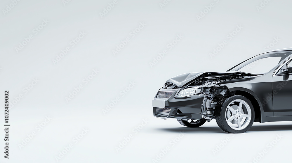 Fototapeta premium Front View of a Damaged Car with Detached Bumper on Minimalist Background