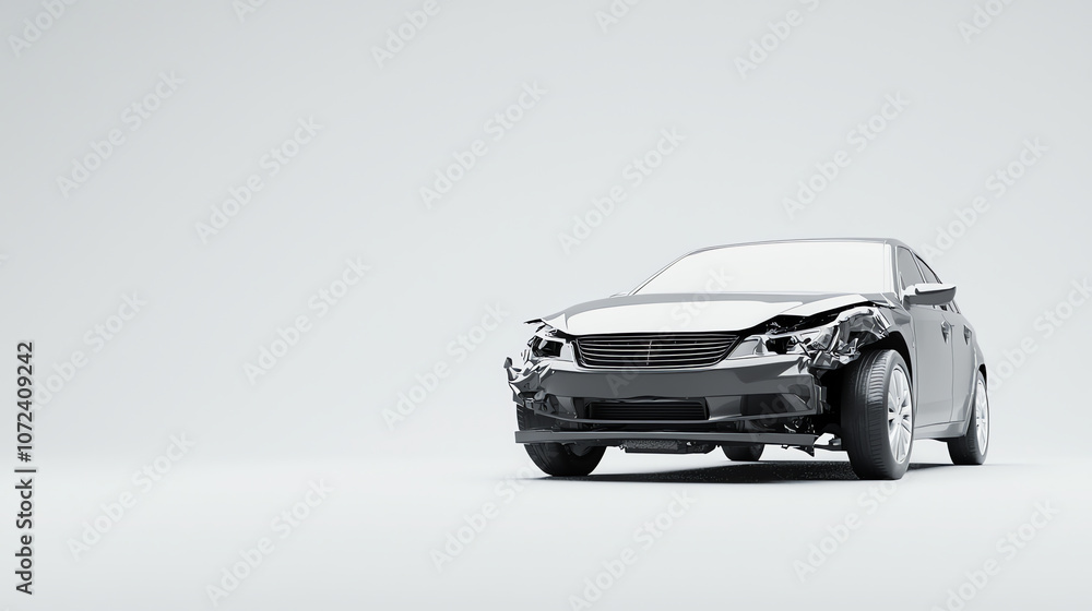 Front View of a Damaged Car with Detached Bumper on Minimalist Background Front View of a Damaged Car with Detached Bumper on Minimalist Background