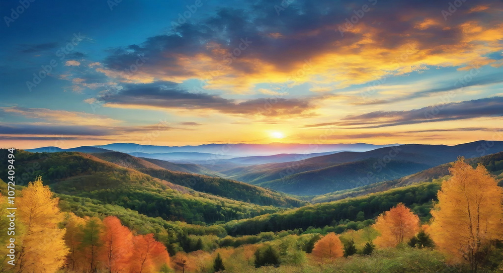 Obraz premium View of the autumn forest in mountains on sunset with a colorful mix of green , yellow and blue sky .