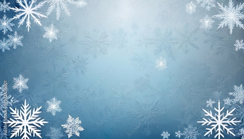 Snowflakes of different sizes and shapes creating a winter frame on a light blue background with a brighter central area. Christmas template. Snowflakes of different sizes and shapes creating a winter frame on a light blue background with a brighter central area. Christmas template.
