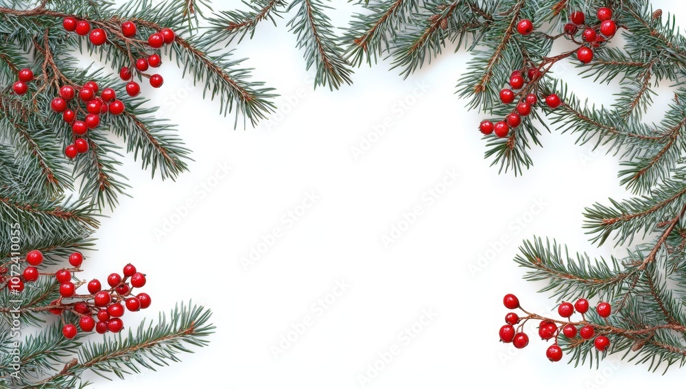 Festive Christmas frame made of coniferous branches decorated with artificial red berries. Frame isolated on white background, copy space. Two options, with and without decoration. Festive Christmas frame made of coniferous branches decorated with artificial red berries. Frame isolated on white background, copy space. Two options, with and without decoration.