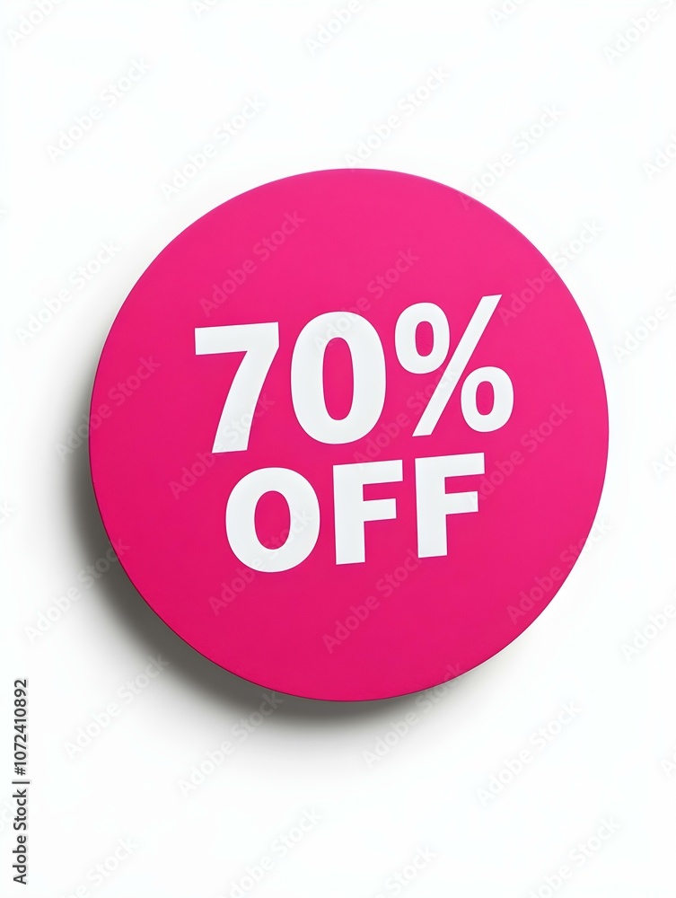 White '70% OFF' Text on a Hot Pink Round Paper Note. White Background White '70% OFF' Text on a Hot Pink Round Paper Note. White Background