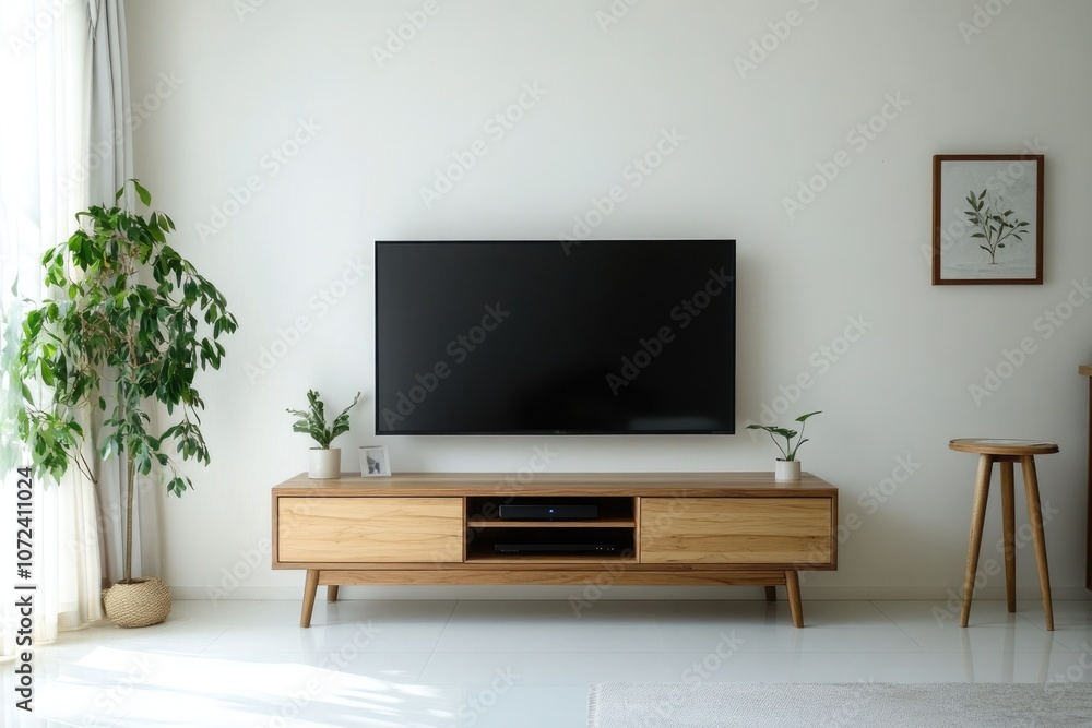 Sleek Living Room Interior with Minimalist TV Design on White Wall Sleek Living Room Interior with Minimalist TV Design on White Wall