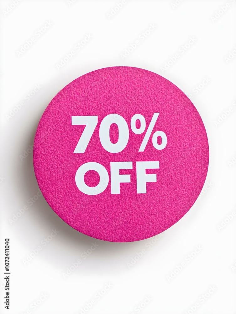 White '70% OFF' Text on a Hot Pink Round Paper Note. White Background White '70% OFF' Text on a Hot Pink Round Paper Note. White Background