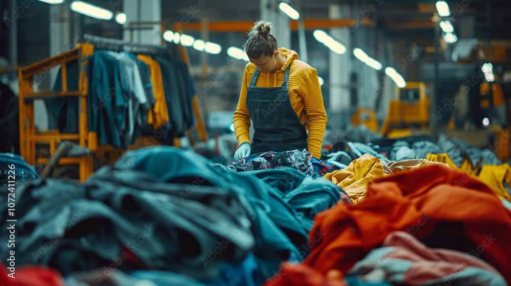 Obraz premium Worker sorting recycled textiles in a clothing production warehouse.