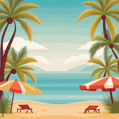 Summer vacation loungers on sea beach landscape beautiful seascape banner seaside holiday vector illustration. Summer vacation on a sandy beach. Happy hot vacation. Vector illustration.	