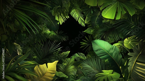 Tropical plants frame creating a black background with lush green leaves