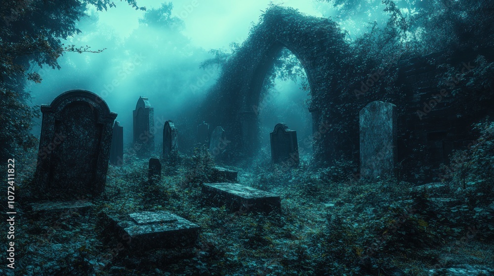 A misty, overgrown graveyard with crumbling tombstones and arches. A misty, overgrown graveyard with crumbling tombstones and arches.