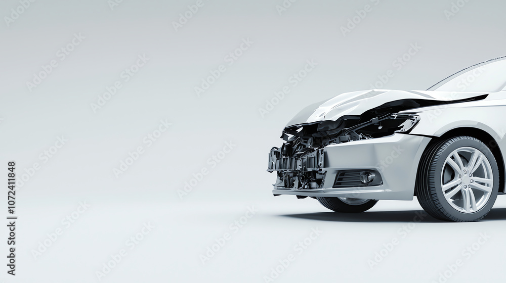 Naklejka premium Front View of a Damaged Car with Detached Bumper on Minimalist Background