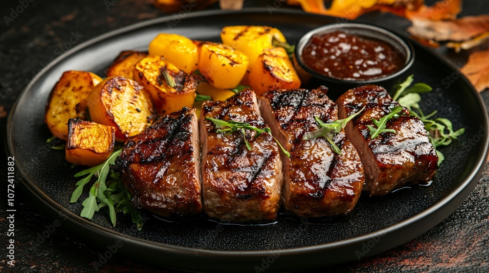 Maple-glazed roasted meats and vegetables are rich autumn dishes. Concept of autumn glazing. Maple-glazed roasted meats and vegetables are rich autumn dishes. Concept of autumn glazing.