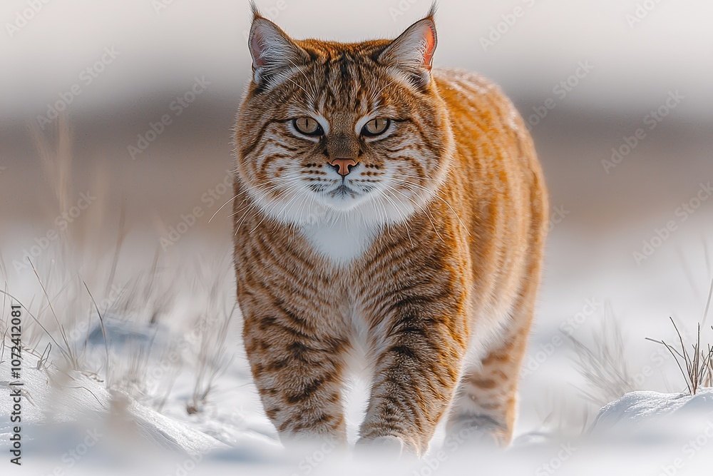 Wild bobcat walking through snowy landscape in winter Wild bobcat walking through snowy landscape in winter