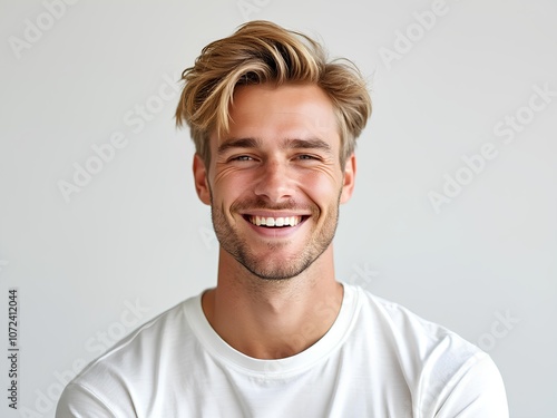 Caucasian white man smiling in white background, facial expression