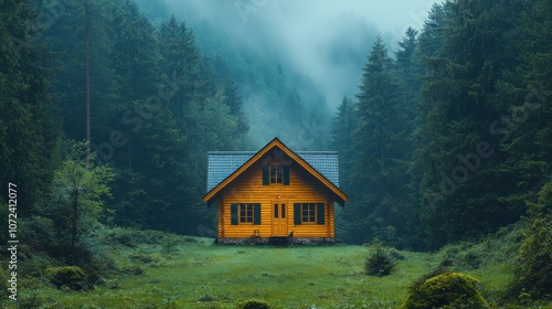 A vibrant yellow house nestled in a misty forest landscape.