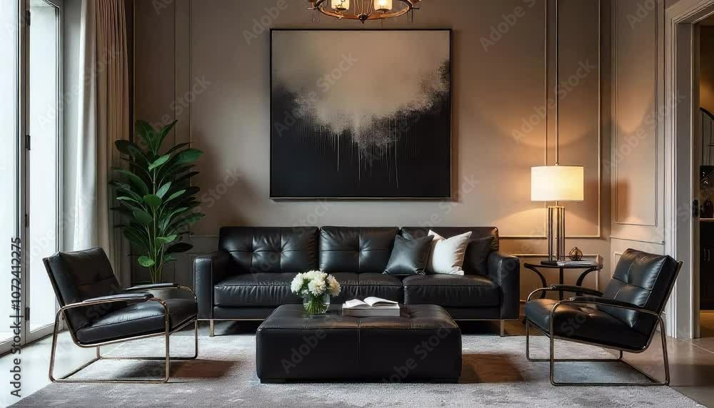 A modern room with a black leather sofa, sleek metal armchair, square ottoman, carpeted floor, chandelier lighting, a large abstract painting, minimalist coffee table decor, and a floor lamp.
A modern room with a black leather sofa, sleek metal armchair, square ottoman, carpeted floor, chandelier lighting, a large abstract painting, minimalist coffee table decor, and a floor lamp.